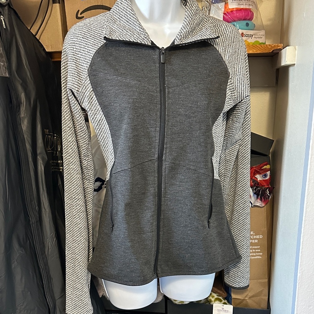 Champion Gray Full-Zip Hoodie Jacket with Contrasting Sleeve Pattern size Small